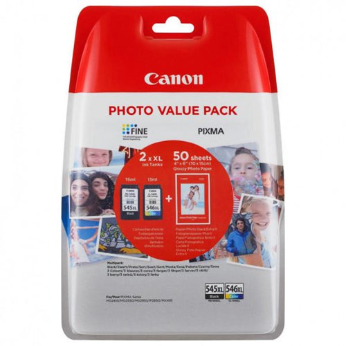 Canon PG-545XL/​CL-546XL Photo Paper Value Pack - 2-pack - High Yield - BK/​C/​M/​Y Ink Cartridge /​ Paper Kit - 8286B011