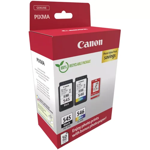 Canon PG-545/​CL-546 Black & Colour Standard Ink Cartridge 8ml + Photo Paper 101.6 x 152.4mm 50Pk - 8287B008