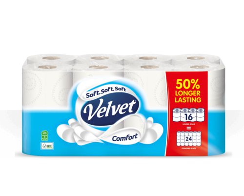 Velvet Comfort Toilet Tissue Extra Long Rolls White (Pack 16) - 1102187