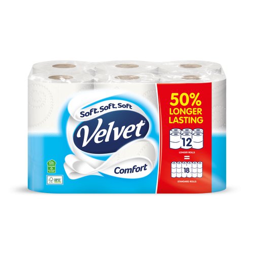 Velvet Comfort Toilet Tissue Extra Long Rolls White (Pack 12) - 1102186