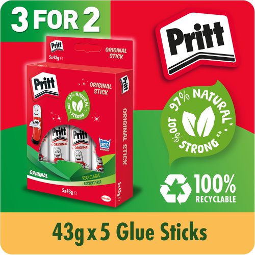 Pritt Original Glue Stick Sustainable Long Lasting Strong Adhesive Solvent Free Value Pack 43g (Pack 5) - Buy 2 Get 1 Free - 1456072 X3