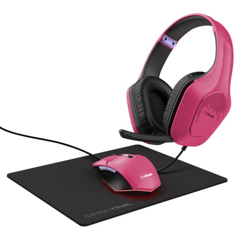 Trust GXT 790P Tridox 3in1 Bundle Pink Zirox Wired 3.5mm Headset Felox 6400 DPI Wired Mouse and Mousepad