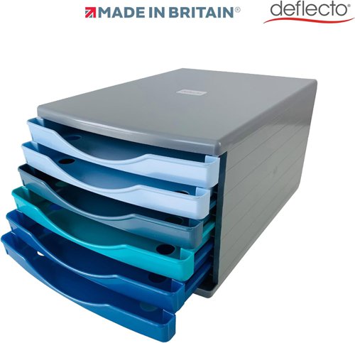 Deflecto Cool Breeze A4 Desktop Drawer Organiser 6 Drawers - 6 x 30mm Drawer Tower Unit Deep Blue and Aqua - CP146YTCB