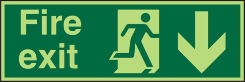 SECO Photoluminescent Safe Prodecure Safety Sign Fire Exit Man Running Right and Arrow Pointing Down Glow In The Dark 450 x 150mm - SP124PLV450X150