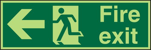 SECO Photoluminescent Safe Procedure Safety Sign Fire Exit Man Running and Arrow Pointing Left Glow In The Dark 450 x 150mm - SP120PLV450X150