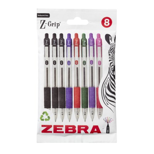 Zebra Z-Grip Retractable Ballpoint Pen 1mm Tip Assorted Ink (Pack 8) - 02773