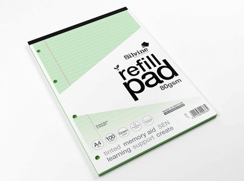 Silvine SEN Refill Pad A4 With Tinted Coloured Papers 100 Page Ruled With Margin 4 Hole Punched Green (Pack 6) - A4RPTING