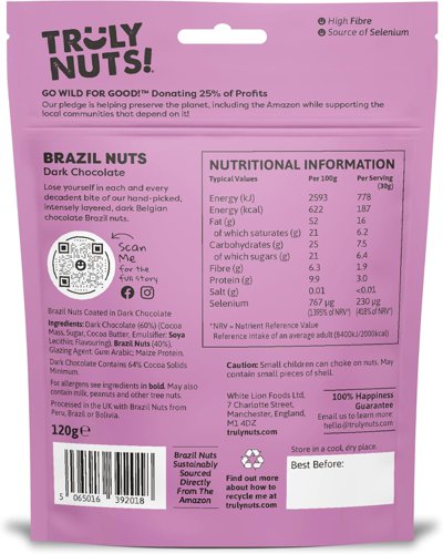 Truly Nuts Dark Chocolate Brazil Nuts One Tree planted for every purchase  (Bag 120g) - 0401371