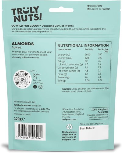 Truly Nuts Salted Almonds One Tree planted for every purchase (Bag 120g) - 0401372