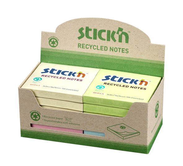 Stickn Recycled Sticky Notes 76X76mm 100 Sheets Per Pad Assorted Colours Pack 12