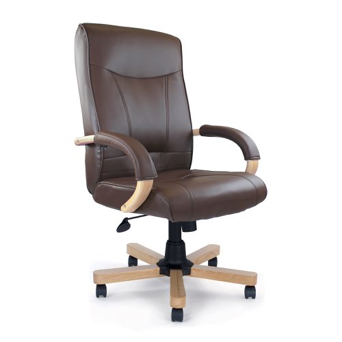 Nautilus Designs Troon High Back Leather Faced Executive Office Chair With Fixed Arms Brown Oak Effect Arms and Base - DPA4750ATG/LBN