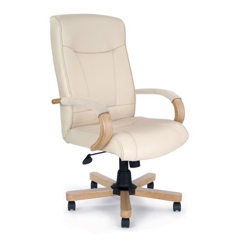 Nautilus Designs Troon High Back Leather Faced Executive Office Chair With Fixed Arms Cream Oak Effect Arms and Base - DPA4750ATG/LCM