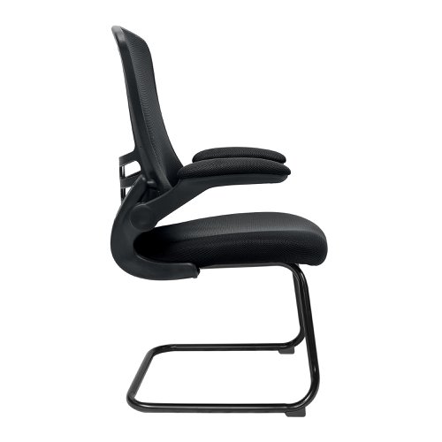 Nautilus Designs Luna Designer High Back Mesh Black Cantilever Visitor Chair With Folding Arms and Black Shell/Frame - BCM/L1302V/BK