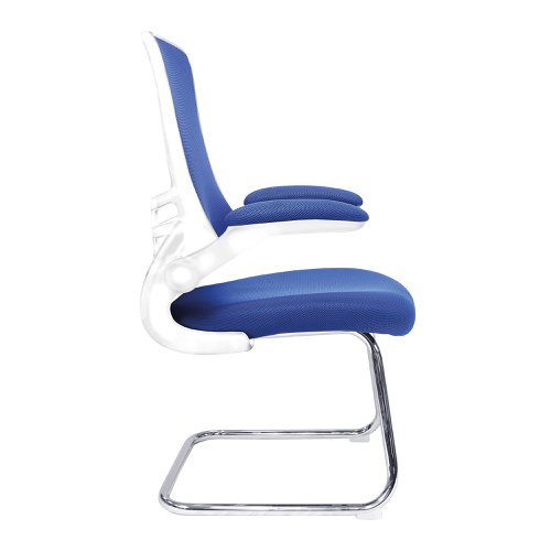 Nautilus Designs Luna Designer High Back Mesh Blue Cantilever Visitor Chair With Folding Arms and White Shell/Chrome Frame - BCM/L1302V/WHBL