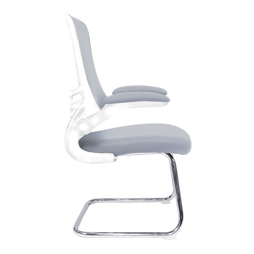 Nautilus Designs Luna Designer High Back Mesh Grey Cantilever Visitor Chair With Folding Arms and White Shell/Chrome Frame - BCM/L1302V/WHGY