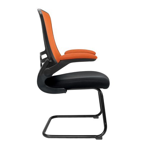 Nautilus Designs Luna Designer High Back Two Tone Mesh Cantilever Visitor Chair With Folding Arms and Black Shell Orange/Black - BCM/T1302V/OG