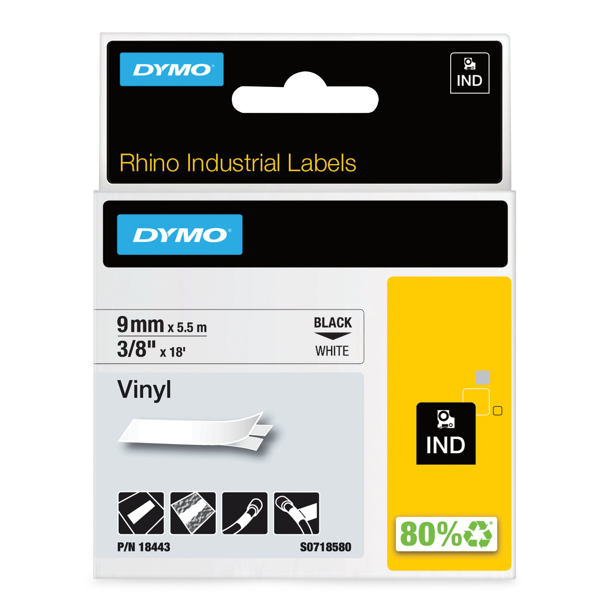 Dymo 18433/S0718470 Ribbon Vinyl black on yellow 19mm x 5.5m for Dymo Rhino 6-19mm/24mm
