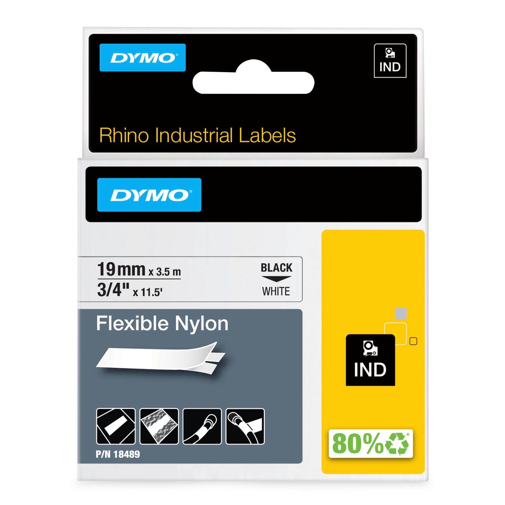 Dymo 18488 Rhino Nylon Tape 12mm x 3.5m Black on White S0718100