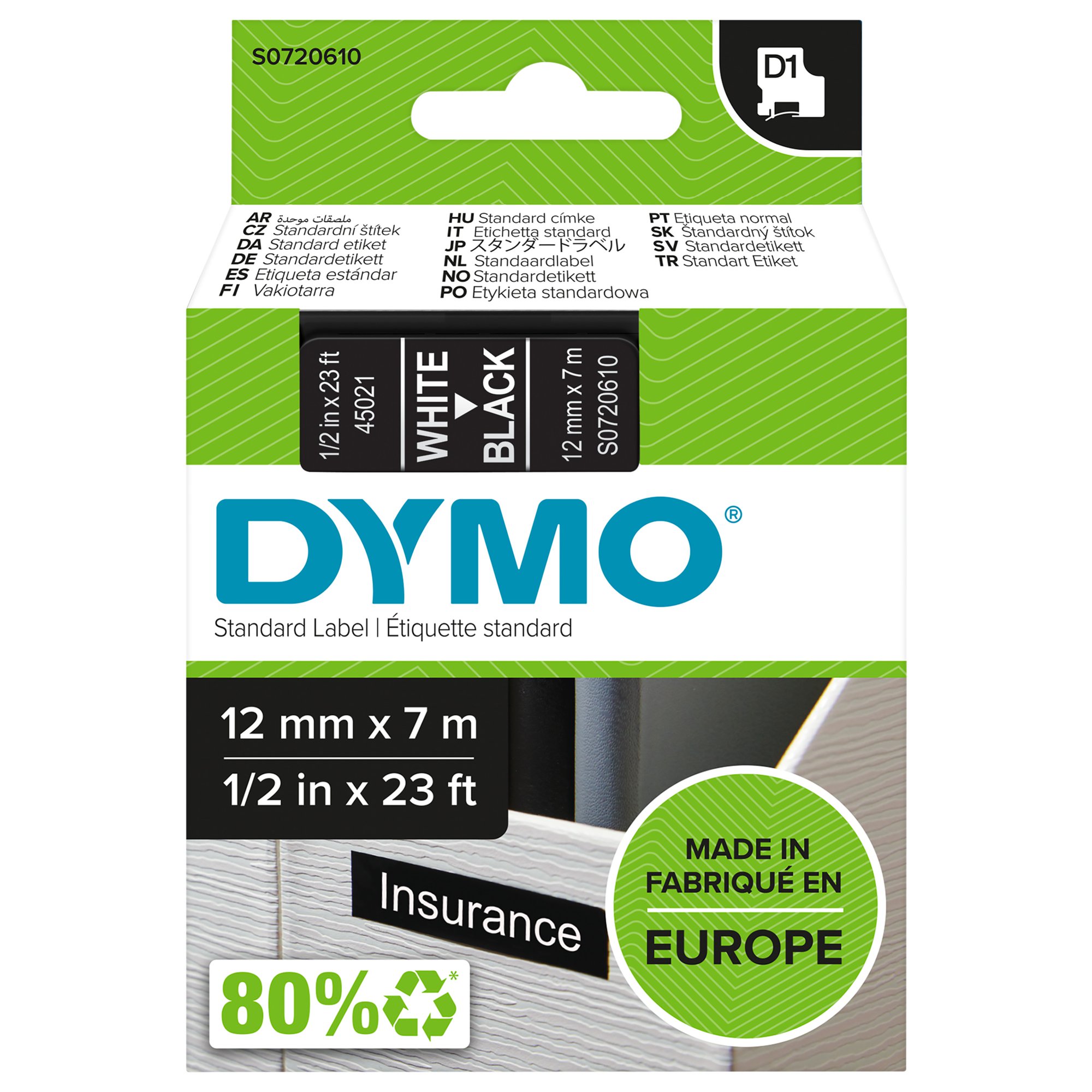 DYMO 45018 (S0720580) D1 Label Tape Black on Yellow 12mm x 7m